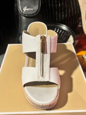 Michael Kors Ivory Canvas Espadrille Wedge Sandal with Gold Zip